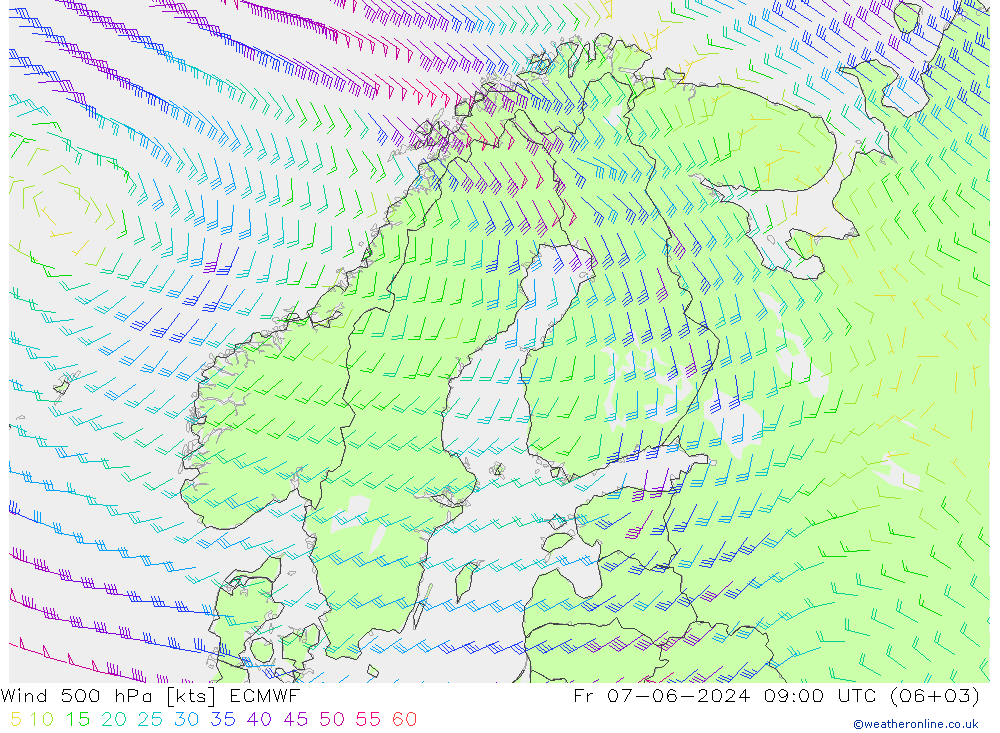 Viento 500 hPa ECMWF vie 07.06.2024 09 UTC