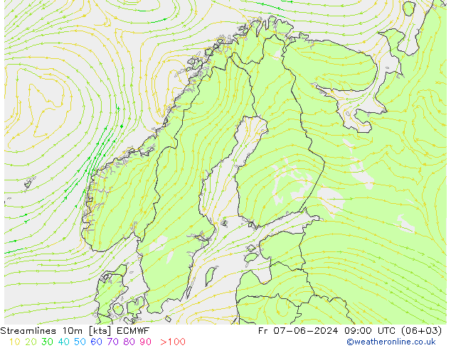 Streamlines 10m ECMWF Fr 07.06.2024 09 UTC