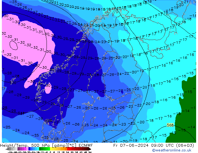 Height/Temp. 500 hPa ECMWF Fr 07.06.2024 09 UTC