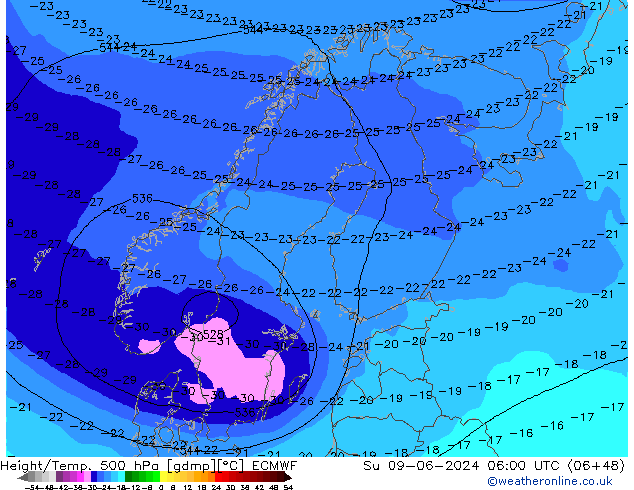 Z500/Rain (+SLP)/Z850 ECMWF Su 09.06.2024 06 UTC