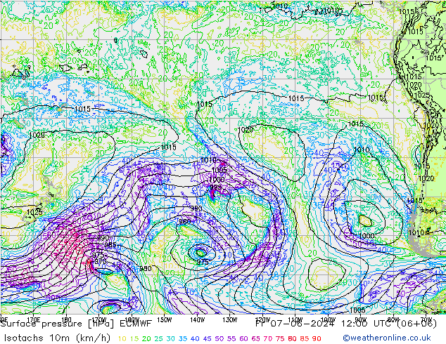 Isotachs (kph) ECMWF пт 07.06.2024 12 UTC