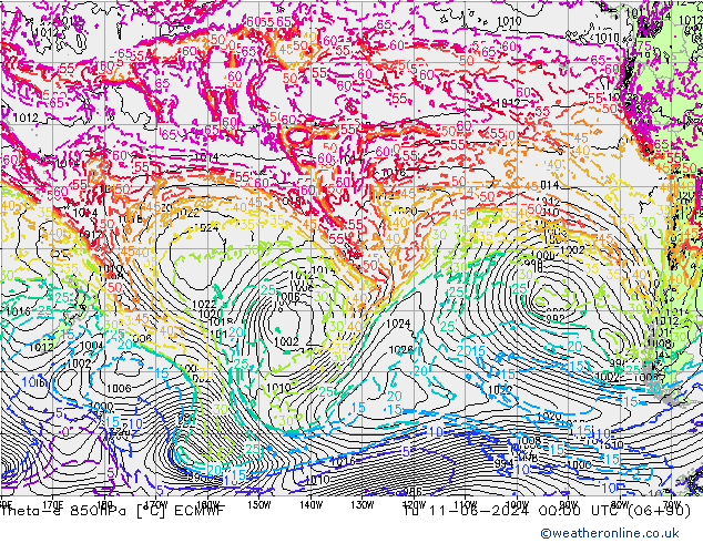 Theta-e 850hPa ECMWF Tu 11.06.2024 00 UTC