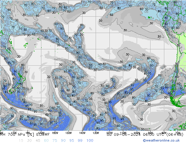 RH 700 hPa ECMWF Su 09.06.2024 06 UTC