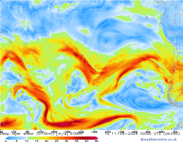 Deep layer shear (0-6km) ECMWF wto. 11.06.2024 00 UTC