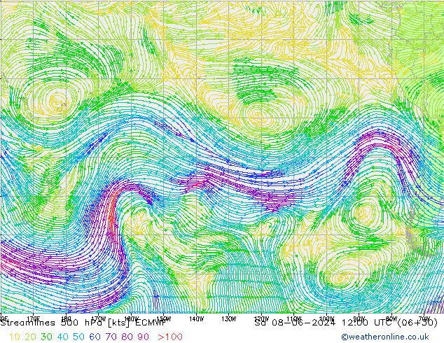 Linea di flusso 500 hPa ECMWF sab 08.06.2024 12 UTC