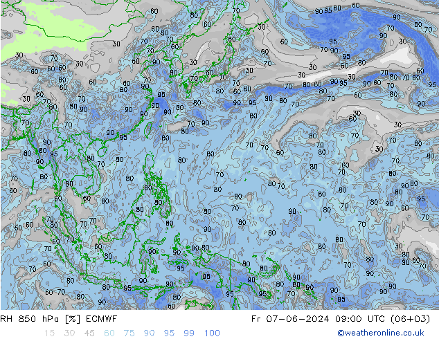 Humedad rel. 850hPa ECMWF vie 07.06.2024 09 UTC