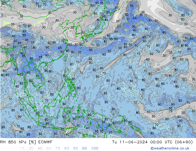 Humidité rel. 850 hPa ECMWF mar 11.06.2024 00 UTC