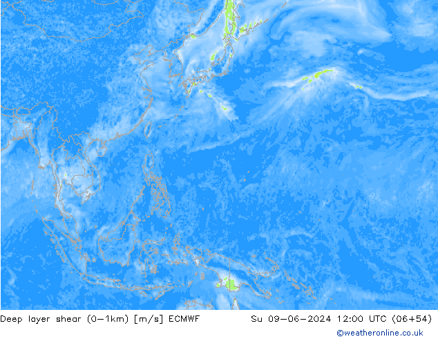 Deep layer shear (0-1km) ECMWF nie. 09.06.2024 12 UTC