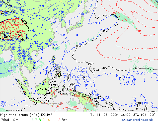 yüksek rüzgarlı alanlar ECMWF Sa 11.06.2024 00 UTC