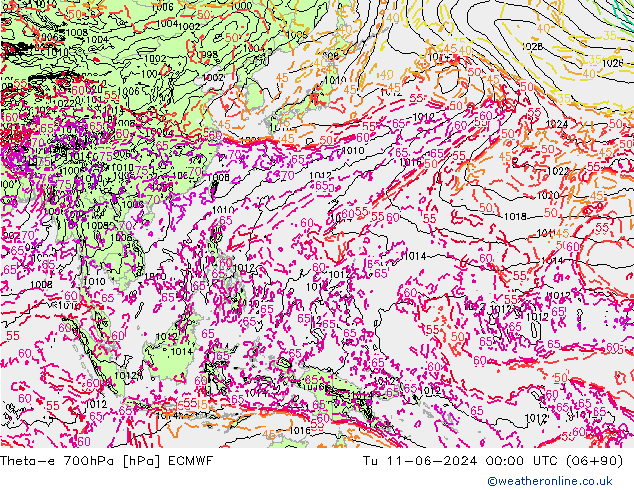 Theta-e 700hPa ECMWF mar 11.06.2024 00 UTC