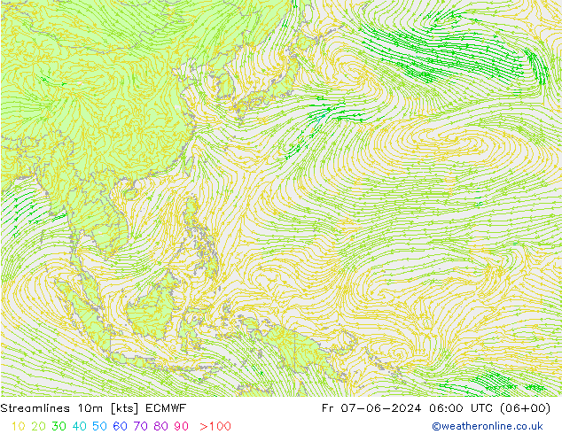 Streamlines 10m ECMWF Pá 07.06.2024 06 UTC