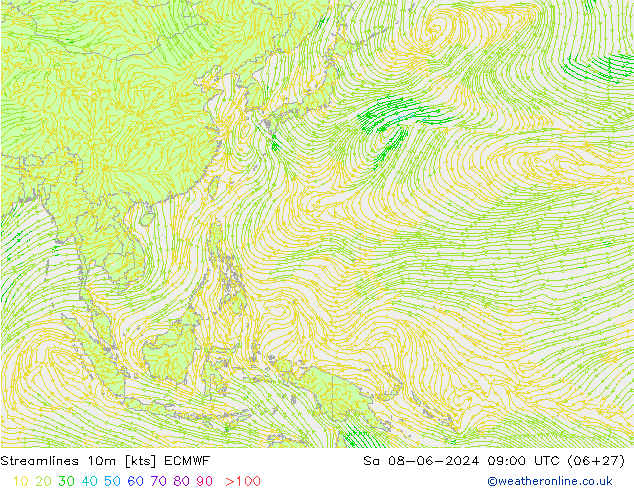 Streamlines 10m ECMWF Sa 08.06.2024 09 UTC