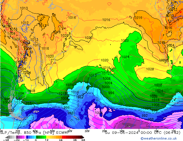 SLP/Temp. 850 hPa ECMWF nie. 09.06.2024 00 UTC