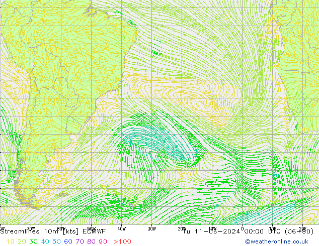 Linha de corrente 10m ECMWF Ter 11.06.2024 00 UTC