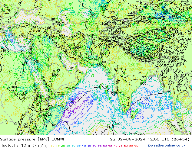 Izotacha (km/godz) ECMWF nie. 09.06.2024 12 UTC