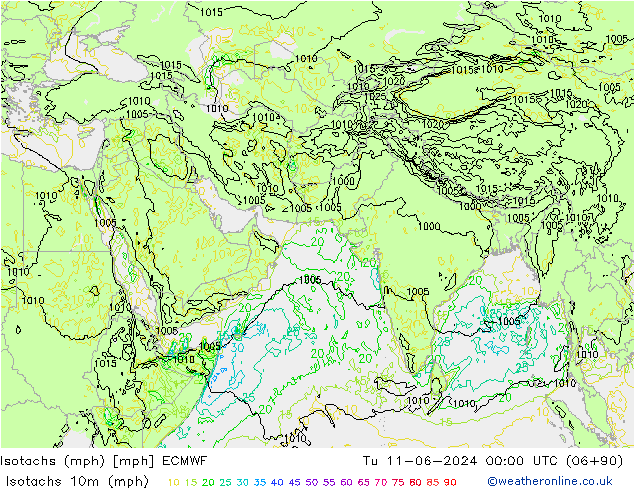 Isotachen (mph) ECMWF di 11.06.2024 00 UTC