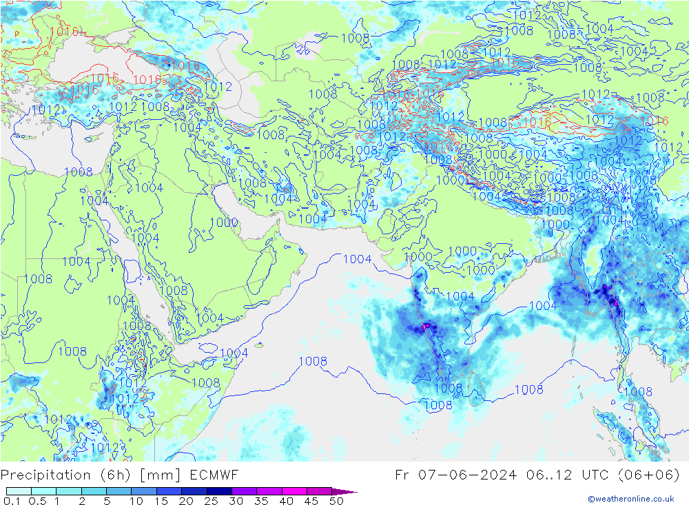 Precipitation (6h) ECMWF Pá 07.06.2024 12 UTC