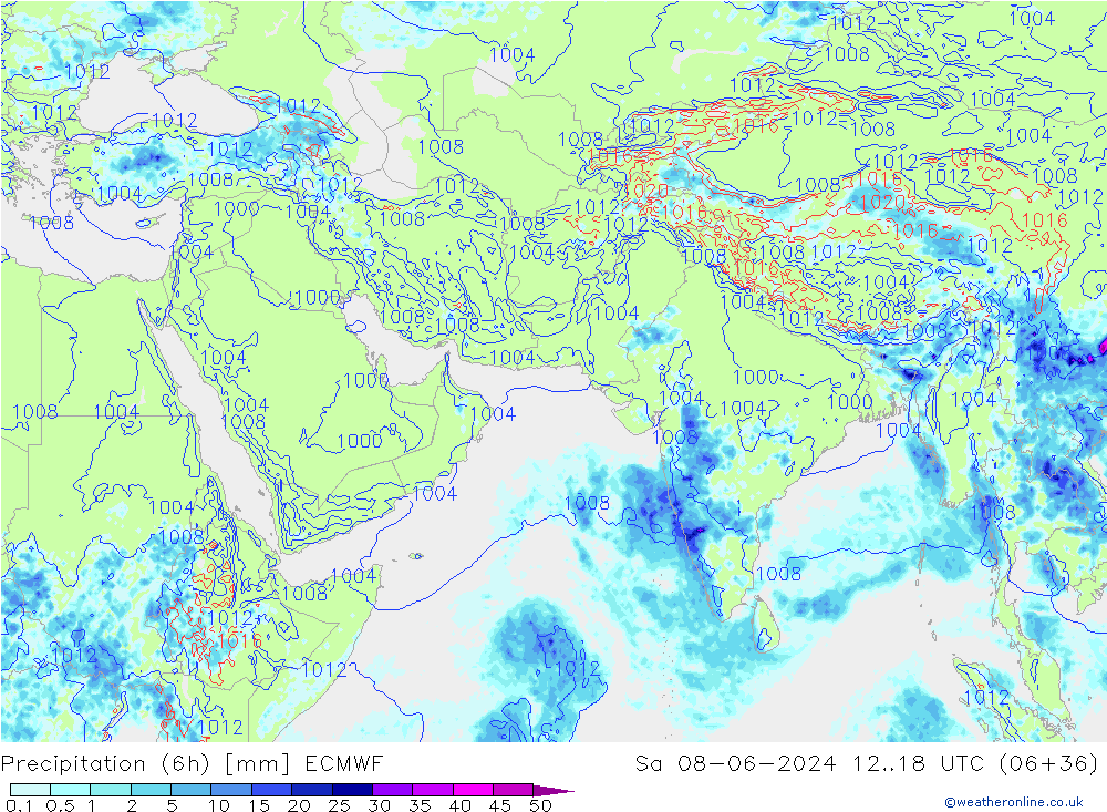 Prec 6h/Wind 10m/950 ECMWF сб 08.06.2024 18 UTC