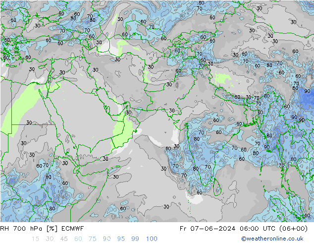 RH 700 hPa ECMWF Sex 07.06.2024 06 UTC