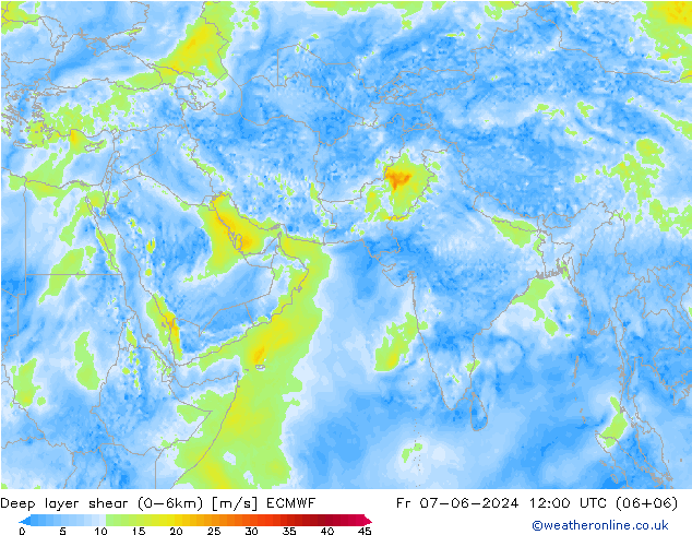 Deep layer shear (0-6km) ECMWF ven 07.06.2024 12 UTC