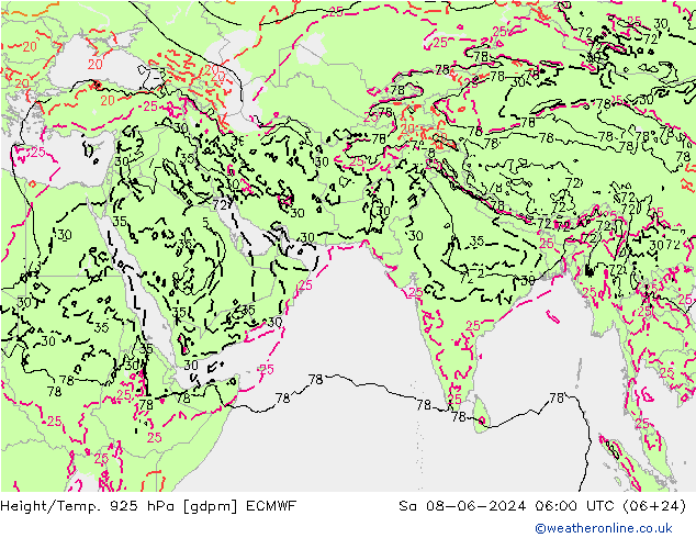 Height/Temp. 925 hPa ECMWF sab 08.06.2024 06 UTC