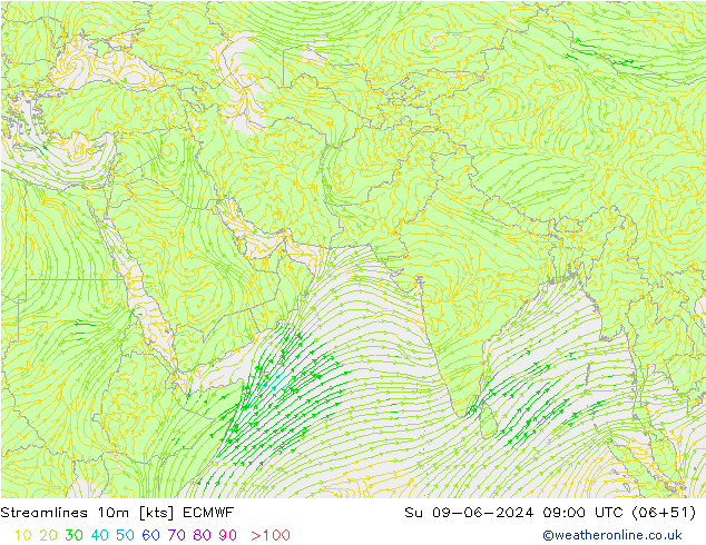 Stroomlijn 10m ECMWF zo 09.06.2024 09 UTC