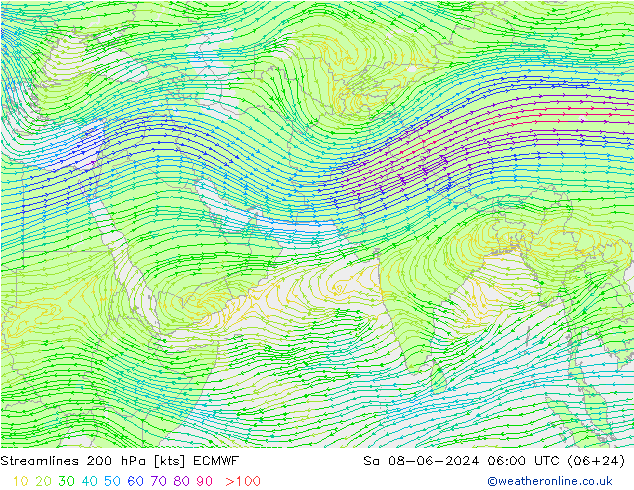 Streamlines 200 hPa ECMWF Sa 08.06.2024 06 UTC