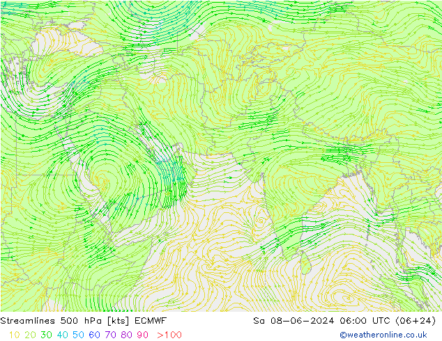 Linea di flusso 500 hPa ECMWF sab 08.06.2024 06 UTC