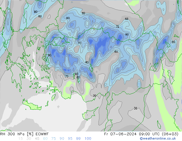 RH 300 hPa ECMWF Pá 07.06.2024 09 UTC