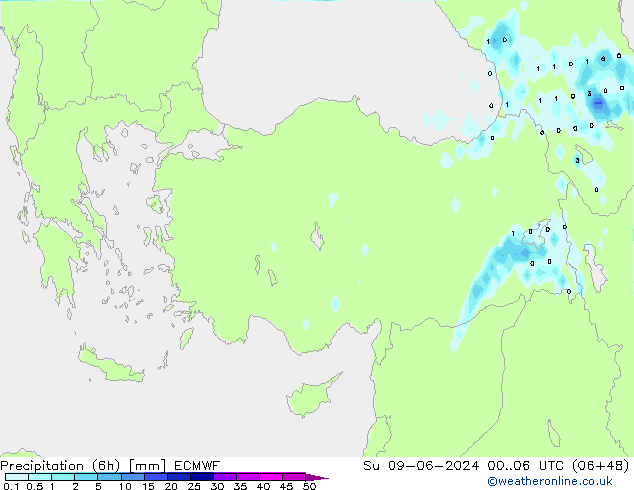 Precipitation (6h) ECMWF Su 09.06.2024 06 UTC