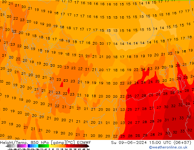 Height/Temp. 850 гПа ECMWF Вс 09.06.2024 15 UTC