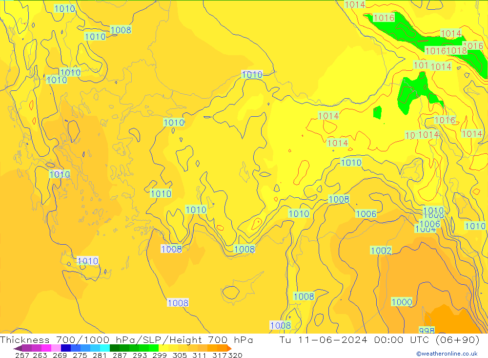 Schichtdicke 700-1000 hPa ECMWF Di 11.06.2024 00 UTC