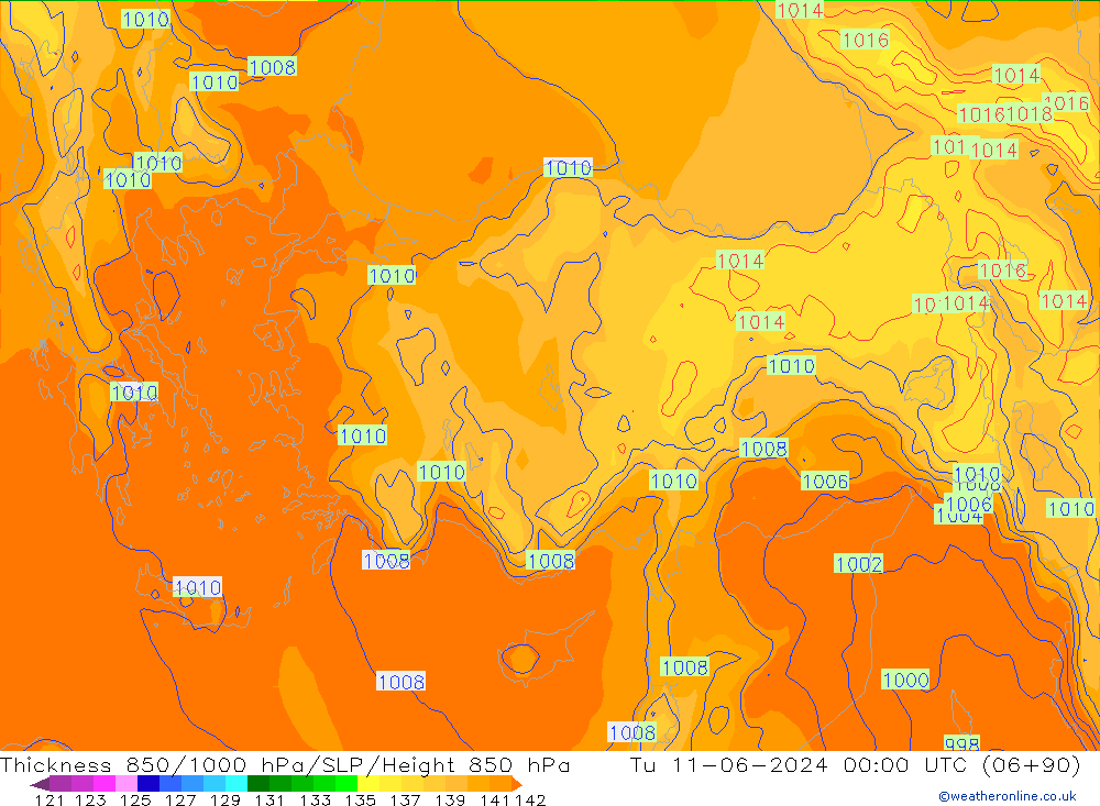 Thck 850-1000 hPa ECMWF Tu 11.06.2024 00 UTC