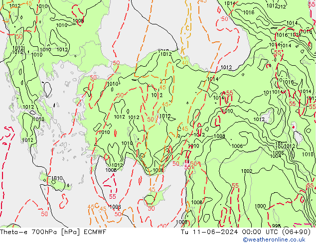 Theta-e 700hPa ECMWF mar 11.06.2024 00 UTC