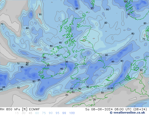 RH 850 hPa ECMWF Sa 08.06.2024 06 UTC