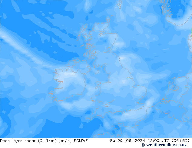 Deep layer shear (0-1km) ECMWF dim 09.06.2024 18 UTC