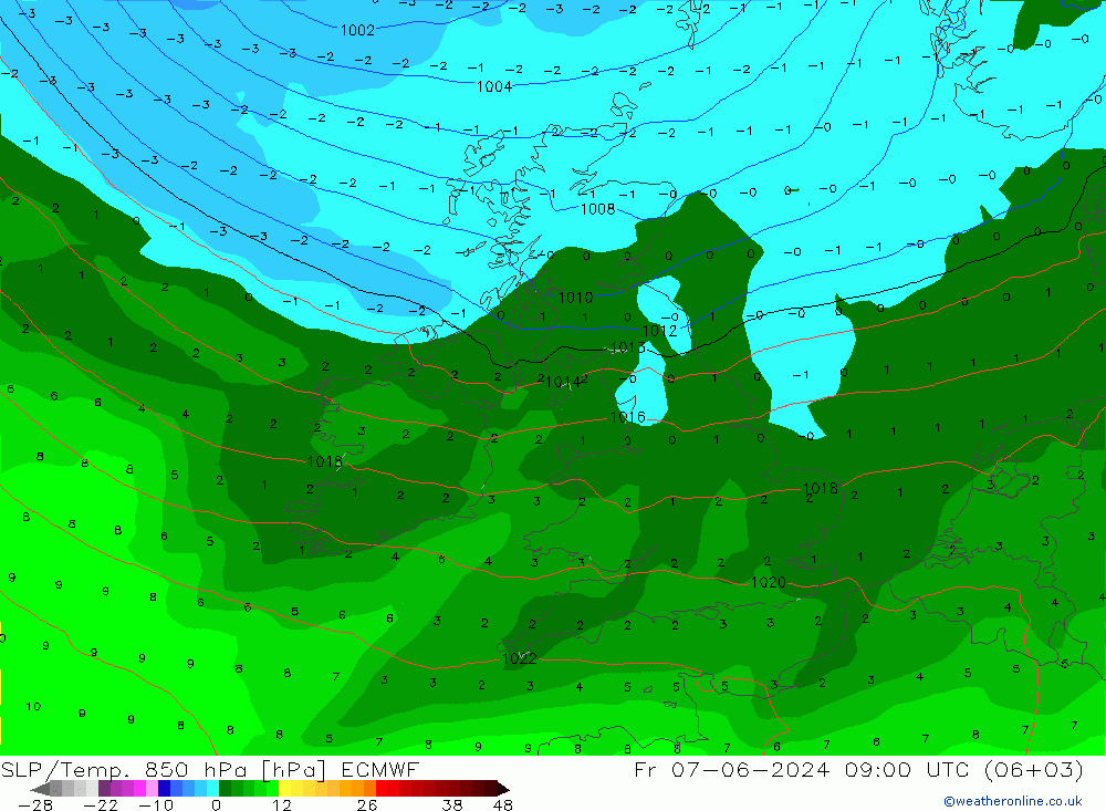 SLP/Temp. 850 hPa ECMWF ven 07.06.2024 09 UTC