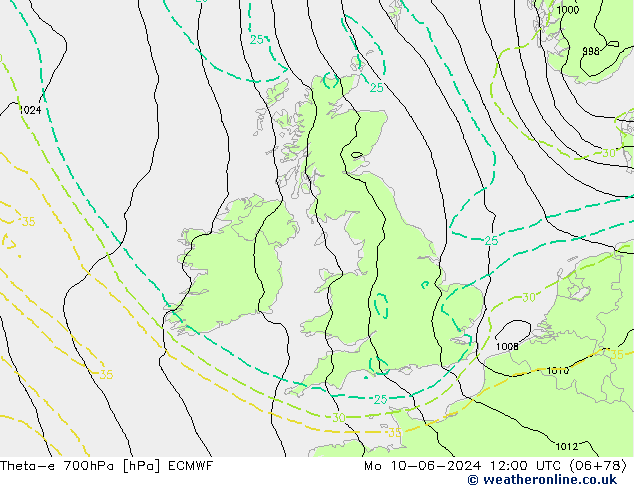 Theta-e 700гПа ECMWF пн 10.06.2024 12 UTC