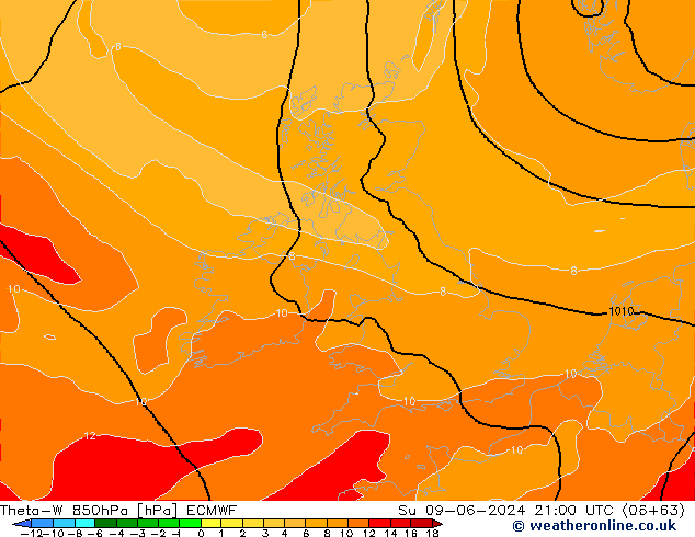 Theta-W 850hPa ECMWF zo 09.06.2024 21 UTC