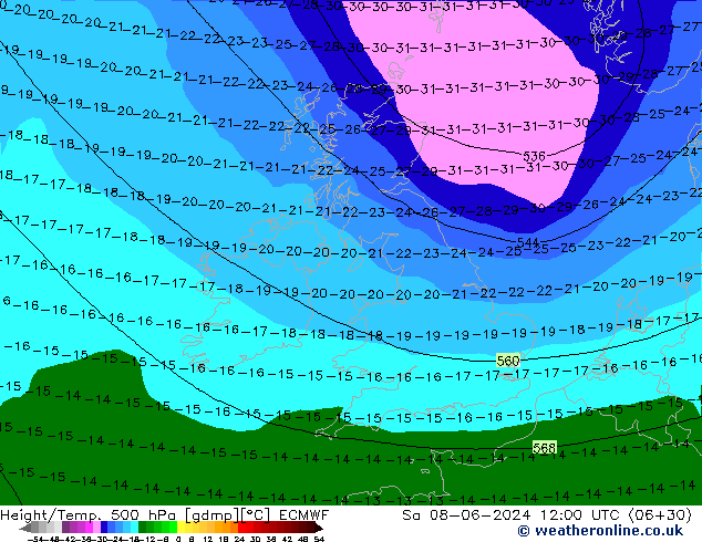 Z500/Rain (+SLP)/Z850 ECMWF Sa 08.06.2024 12 UTC