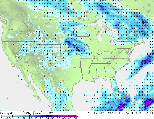 Precipitation (12h) ECMWF Sa 08.06.2024 06 UTC