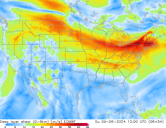 Deep layer shear (0-6km) ECMWF Dom 09.06.2024 12 UTC