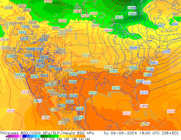 Espesor 850-1000 hPa ECMWF dom 09.06.2024 18 UTC