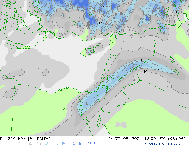 Humedad rel. 300hPa ECMWF vie 07.06.2024 12 UTC