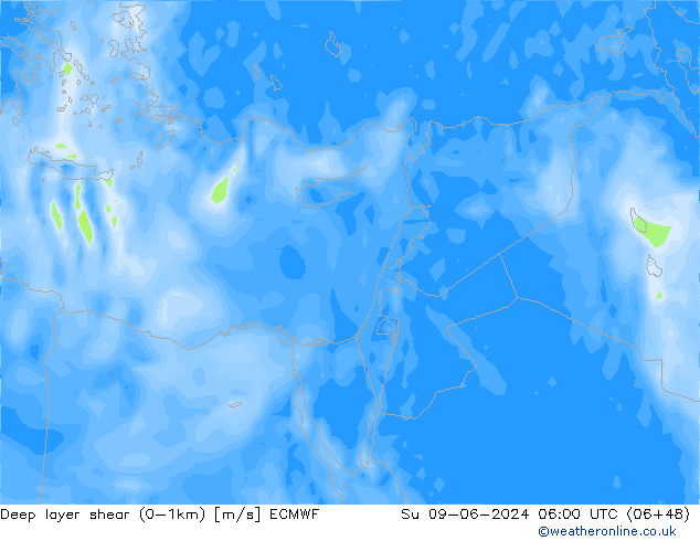 Deep layer shear (0-1km) ECMWF Su 09.06.2024 06 UTC