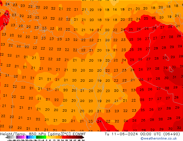 Geop./Temp. 850 hPa ECMWF mar 11.06.2024 00 UTC