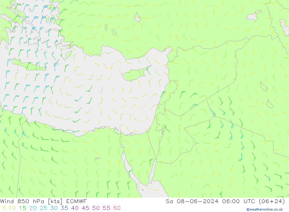 wiatr 850 hPa ECMWF so. 08.06.2024 06 UTC