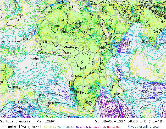 Isotachs (kph) ECMWF Sa 08.06.2024 06 UTC