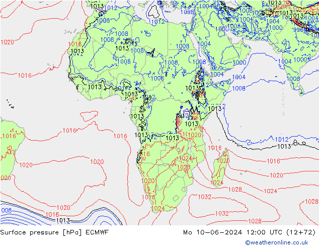 Presión superficial ECMWF lun 10.06.2024 12 UTC