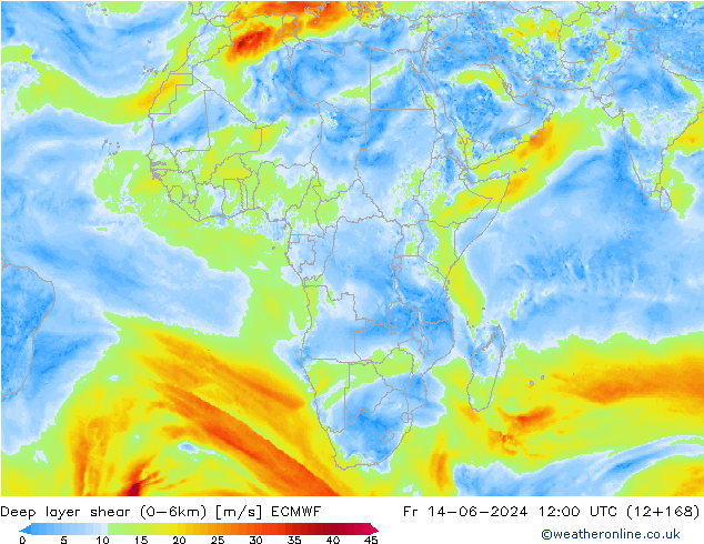 Deep layer shear (0-6km) ECMWF Fr 14.06.2024 12 UTC